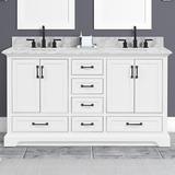 60" Rhoda Freestanding White Solid Wood Bathroom Vanity with Natural Carrara White Marble Double Sink Top with 4 In. Backsplash