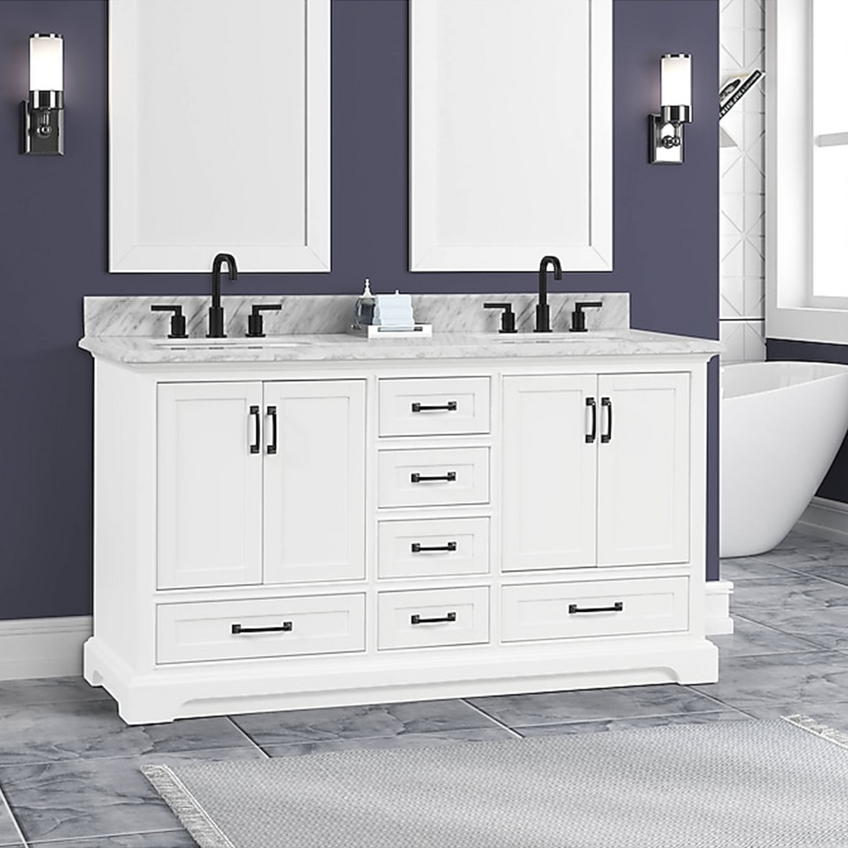 60" Rhoda Freestanding White Solid Wood Bathroom Vanity with Natural Carrara White Marble Double Sink Top with 4 In. Backsplash