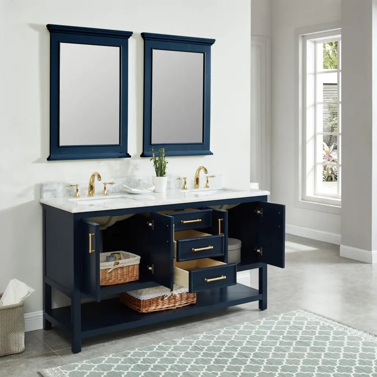 61" Bathroom Vanity in Navy Blue With Double Sink - Premium Manhattan Family