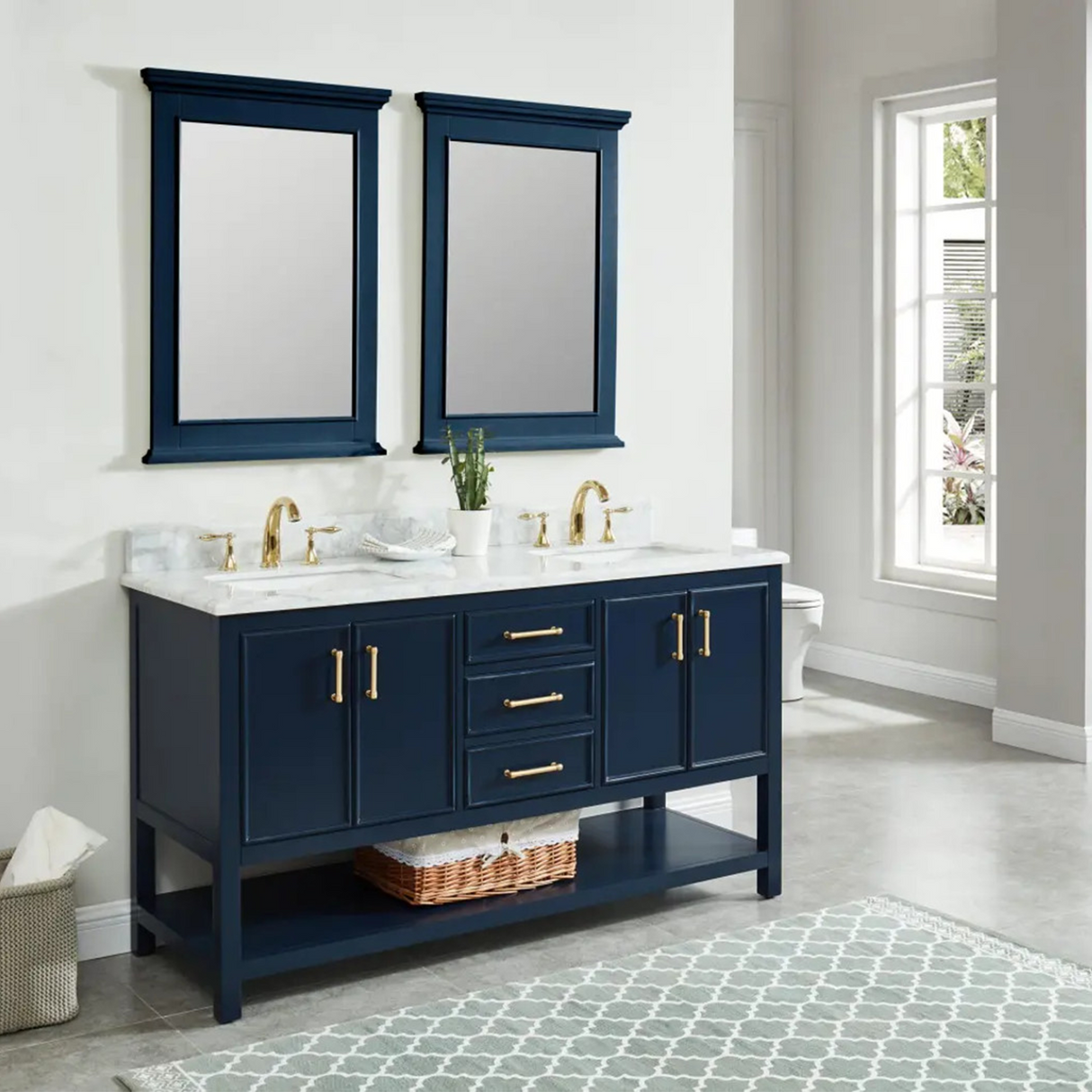 61" Bathroom Vanity in Navy Blue With Double Sink - Premium Manhattan Family