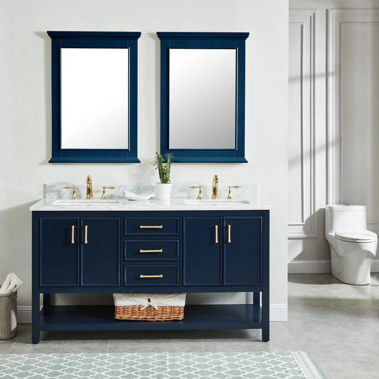 61" Bathroom Vanity in Navy Blue With Double Sink - Premium Manhattan Family