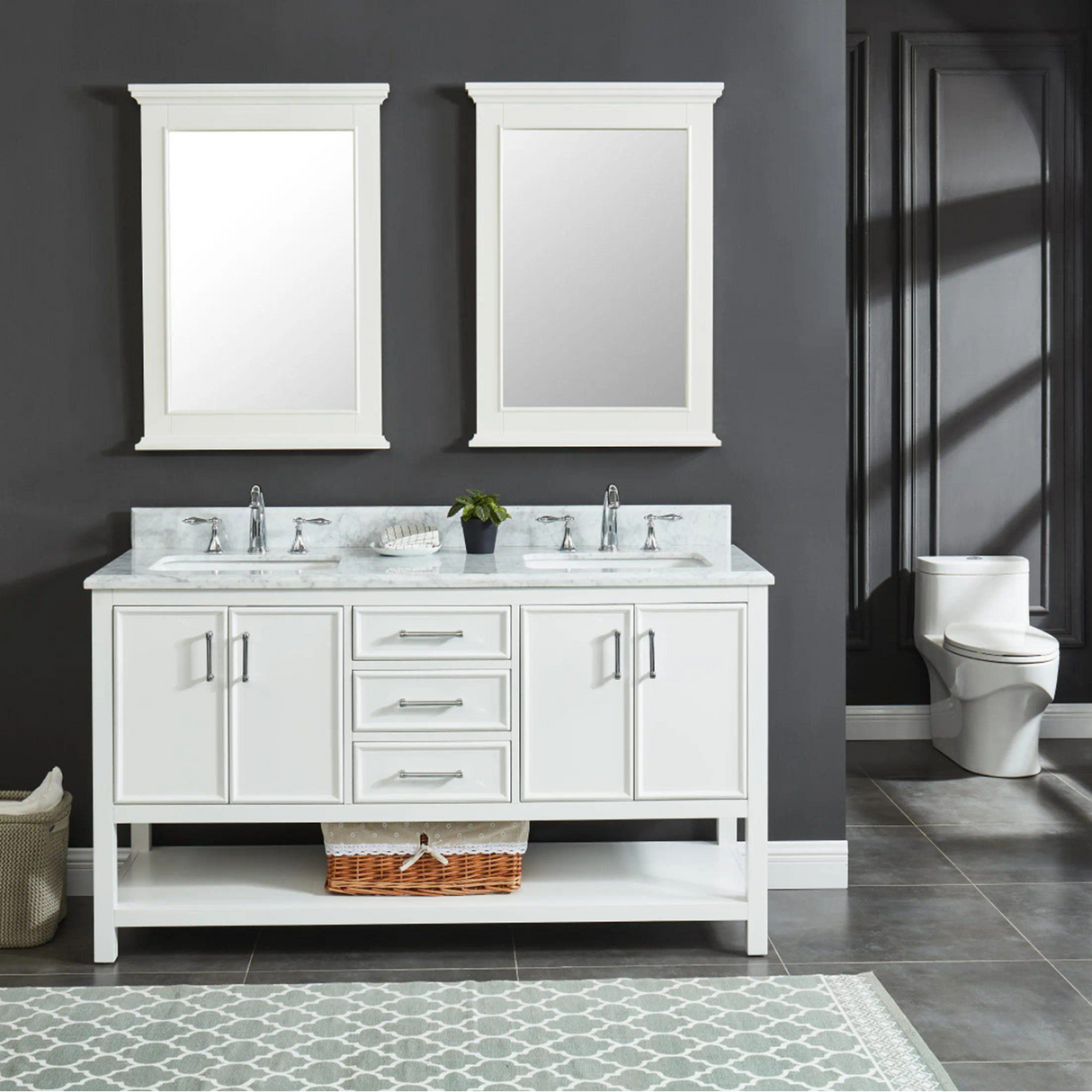 61" Bathroom Vanity in White With Double Sink - Premium Manhattan Family
