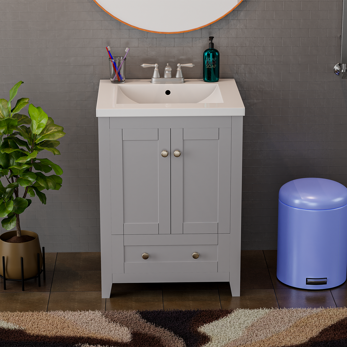 Adak 24 In. Gray Freestanding Bathroom Vanity with Porcelain Sink Top
