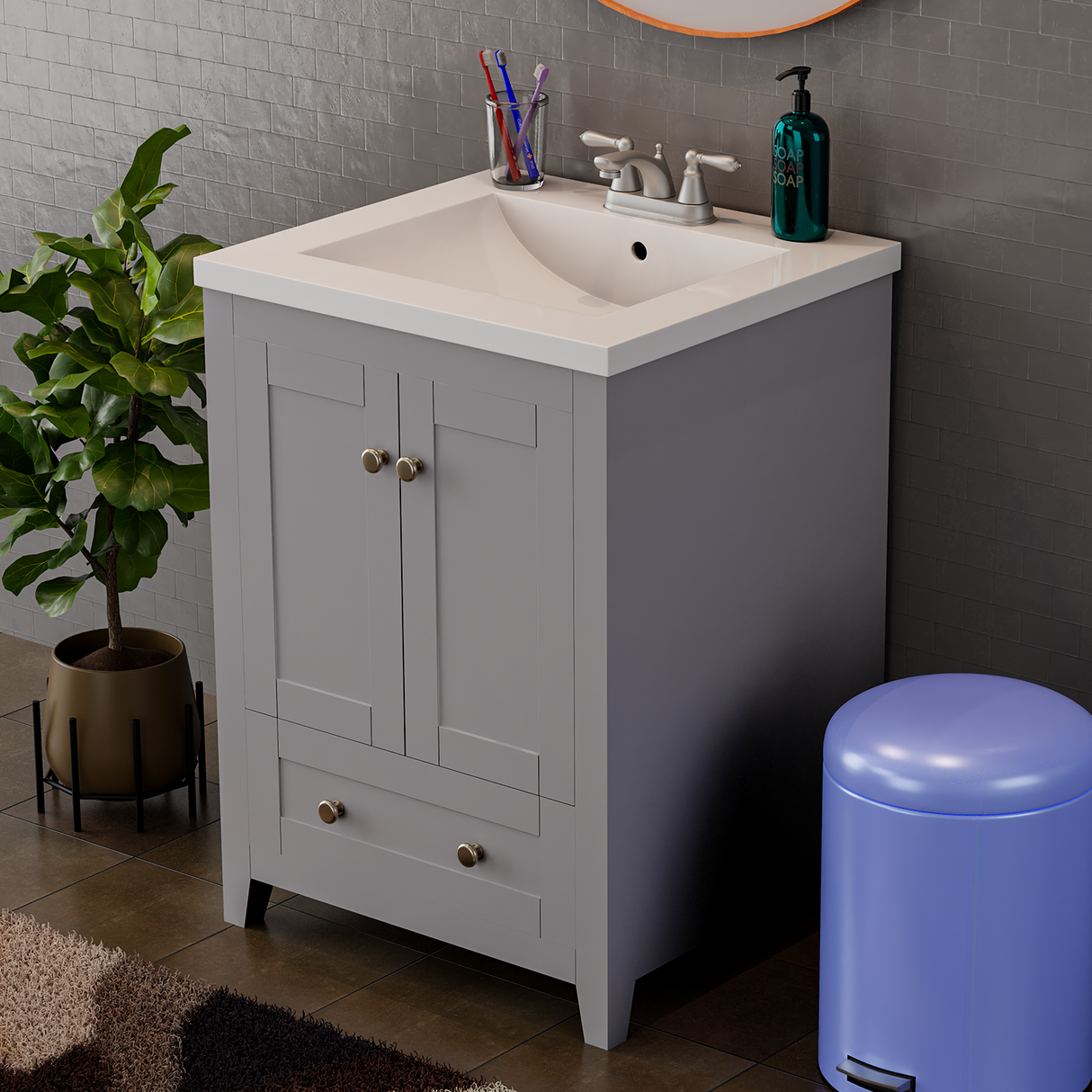 Adak 24 In. Gray Freestanding Bathroom Vanity with Porcelain Sink Top