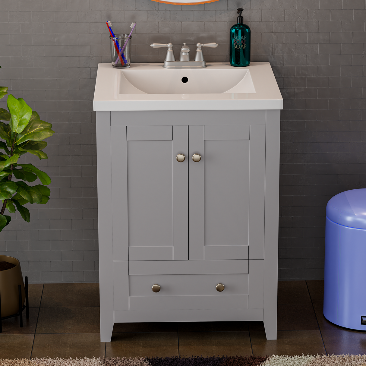 Adak 24 In. Gray Freestanding Bathroom Vanity with Porcelain Sink Top