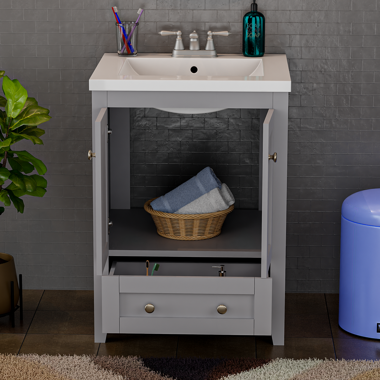 Adak 24 In. Gray Freestanding Bathroom Vanity with Porcelain Sink Top