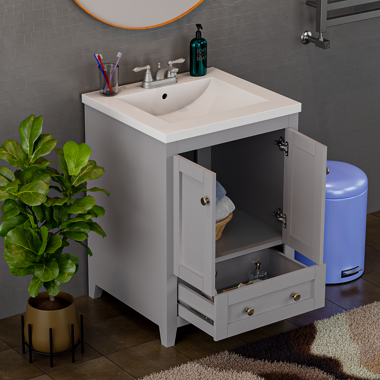 Adak 24 In. Gray Freestanding Bathroom Vanity with Porcelain Sink Top