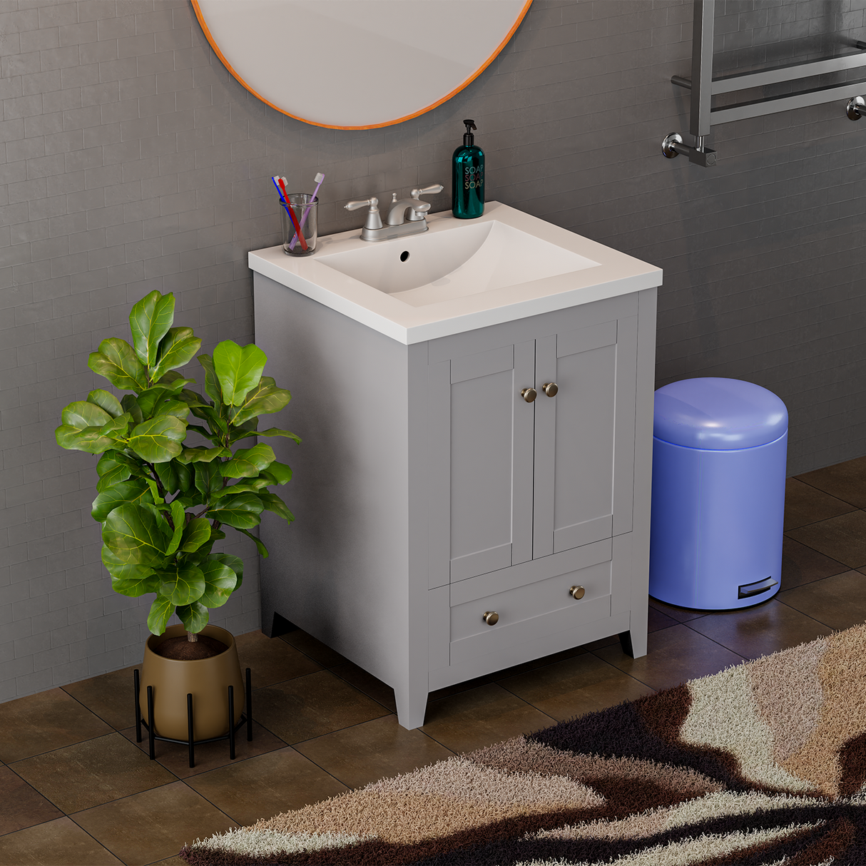 Adak 24 In. Gray Freestanding Bathroom Vanity with Porcelain Sink Top