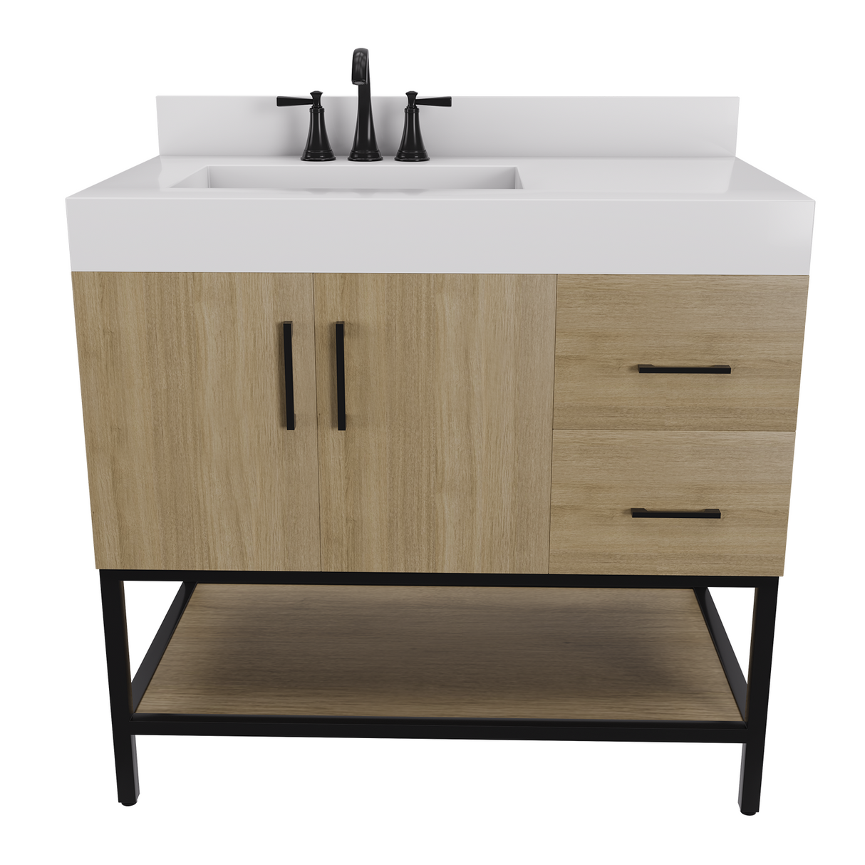 36" Utopia Freestanding Solid Wood Bathroom Vanity Combo with Calacatta Sintered Stone Top with Metal Base with Open Shelf Storage - Dark Oak Finish
