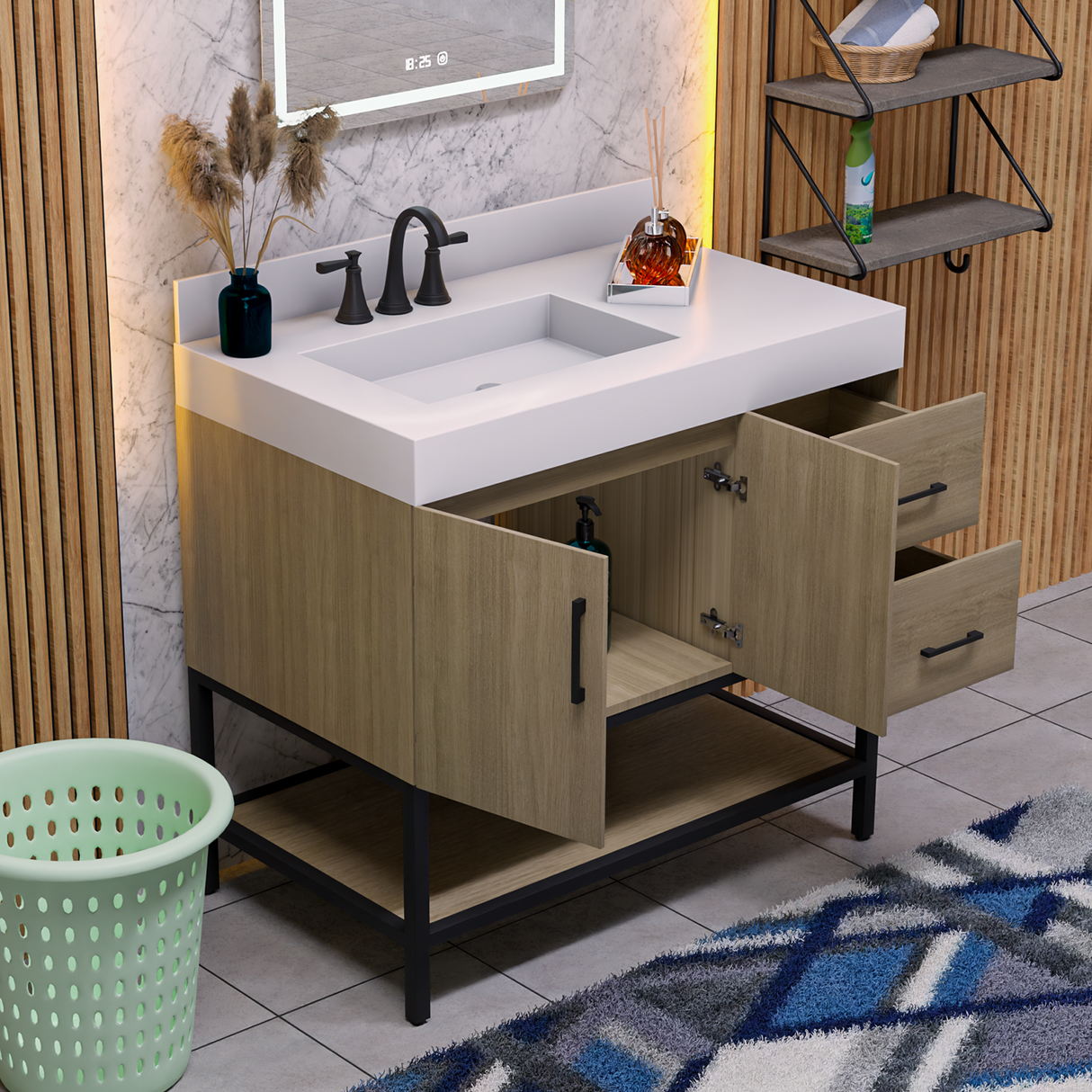 36" Utopia Freestanding Solid Wood Bathroom Vanity Combo with Calacatta Sintered Stone Top with Metal Base with Open Shelf Storage - Dark Oak Finish