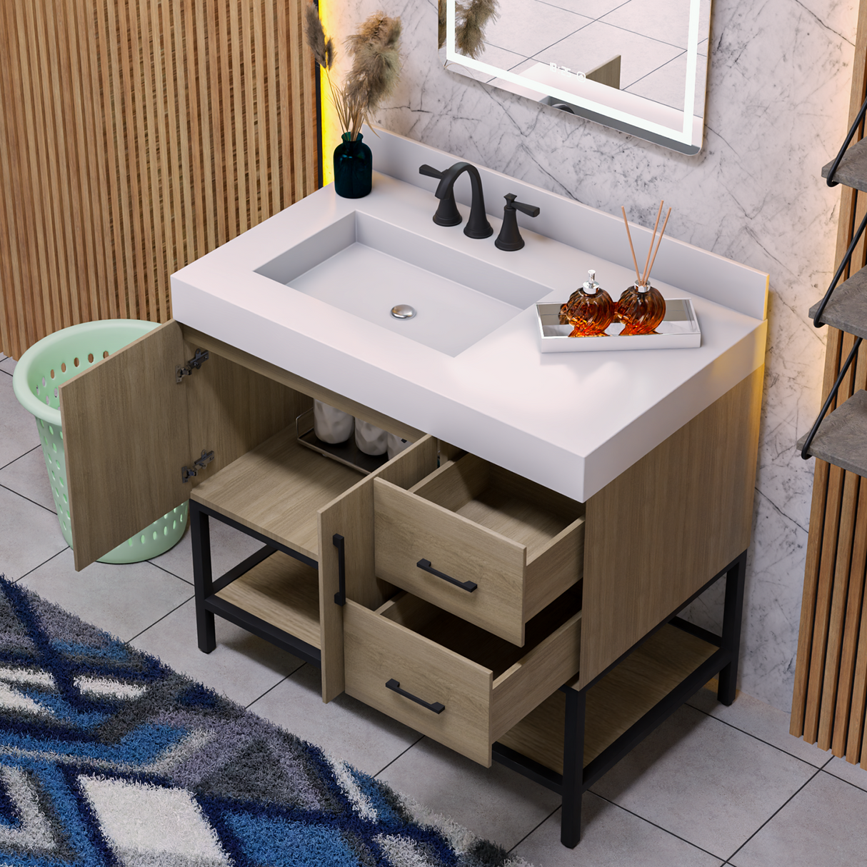36" Utopia Freestanding Solid Wood Bathroom Vanity Combo with Calacatta Sintered Stone Top with Metal Base with Open Shelf Storage - Dark Oak Finish