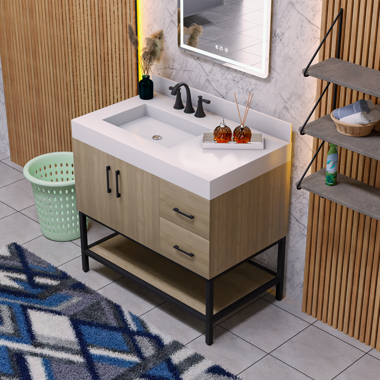 36" Utopia Freestanding Solid Wood Bathroom Vanity Combo with Calacatta Sintered Stone Top with Metal Base with Open Shelf Storage - Dark Oak Finish