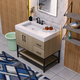 36" Utopia Freestanding Solid Wood Bathroom Vanity Combo with Calacatta Sintered Stone Top with Metal Base with Open Shelf Storage - Dark Oak Finish