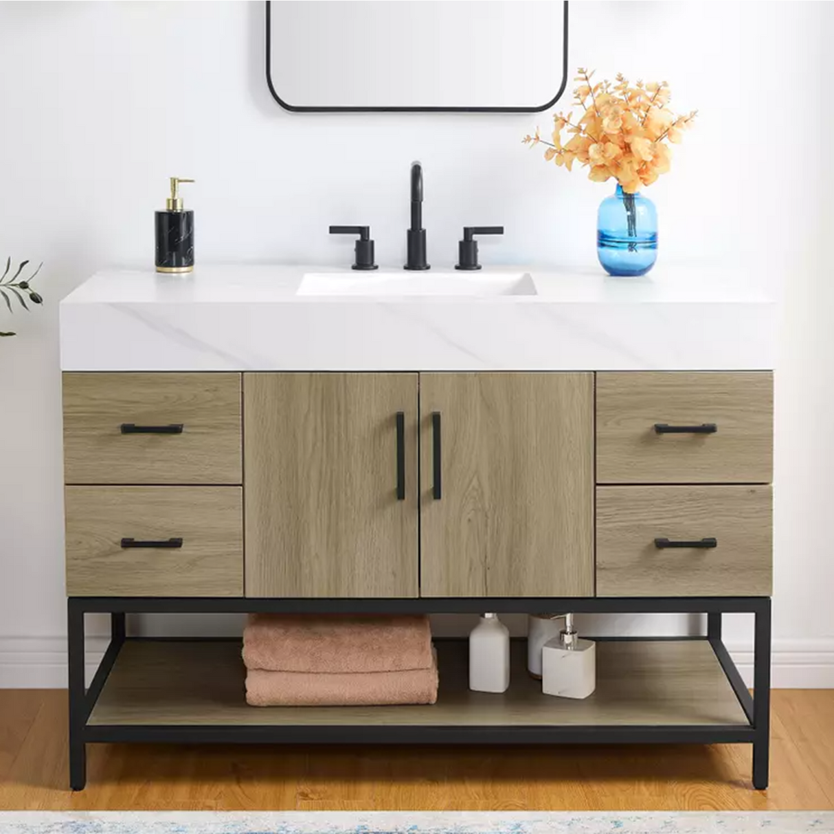 48" Utopia Freestanding Solid Wood Bathroom Vanity Combo with Calacatta Sintered Stone Top with Metal Base with Open Shelf Storage - Dark Oak Finish