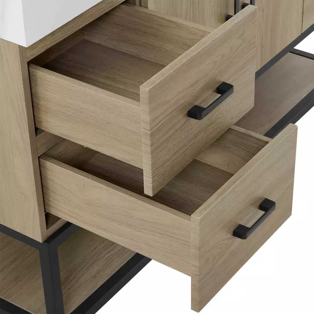 48" Utopia Freestanding Solid Wood Bathroom Vanity Combo with Calacatta Sintered Stone Top with Metal Base with Open Shelf Storage - Dark Oak Finish