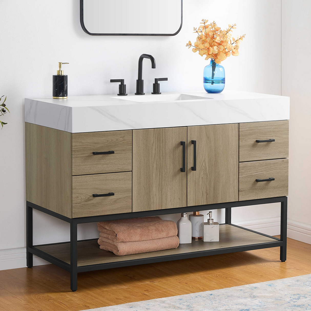 48" Utopia Freestanding Solid Wood Bathroom Vanity Combo with Calacatta Sintered Stone Top with Metal Base with Open Shelf Storage - Dark Oak Finish