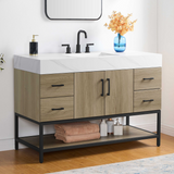 48" Utopia Freestanding Solid Wood Bathroom Vanity Combo with Calacatta Sintered Stone Top with Metal Base with Open Shelf Storage - Dark Oak Finish