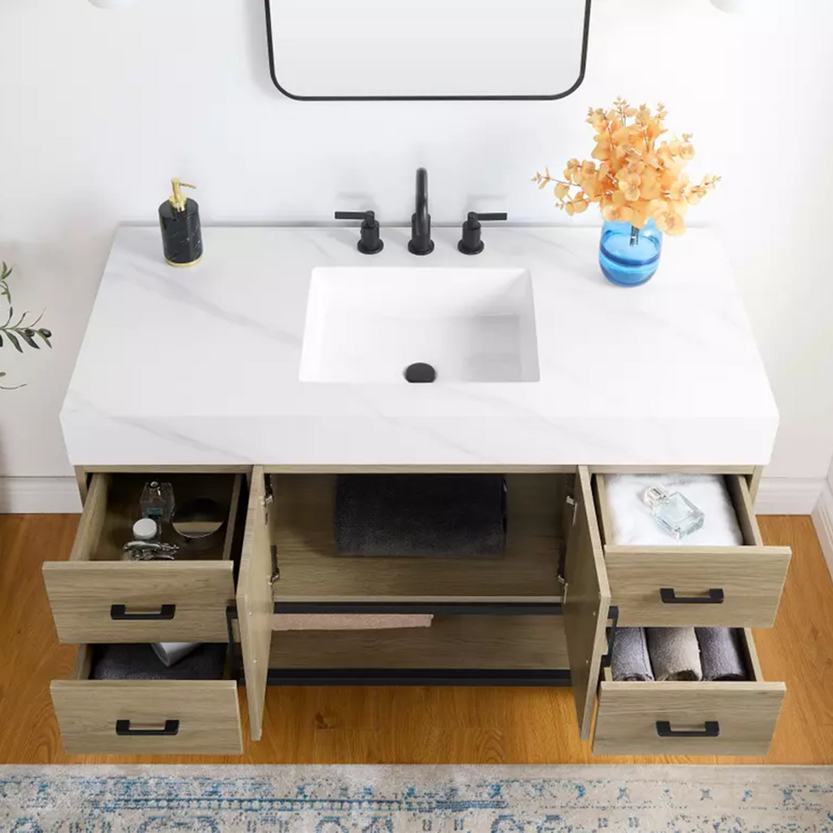 48" Utopia Freestanding Solid Wood Bathroom Vanity Combo with Calacatta Sintered Stone Top with Metal Base with Open Shelf Storage - Dark Oak Finish
