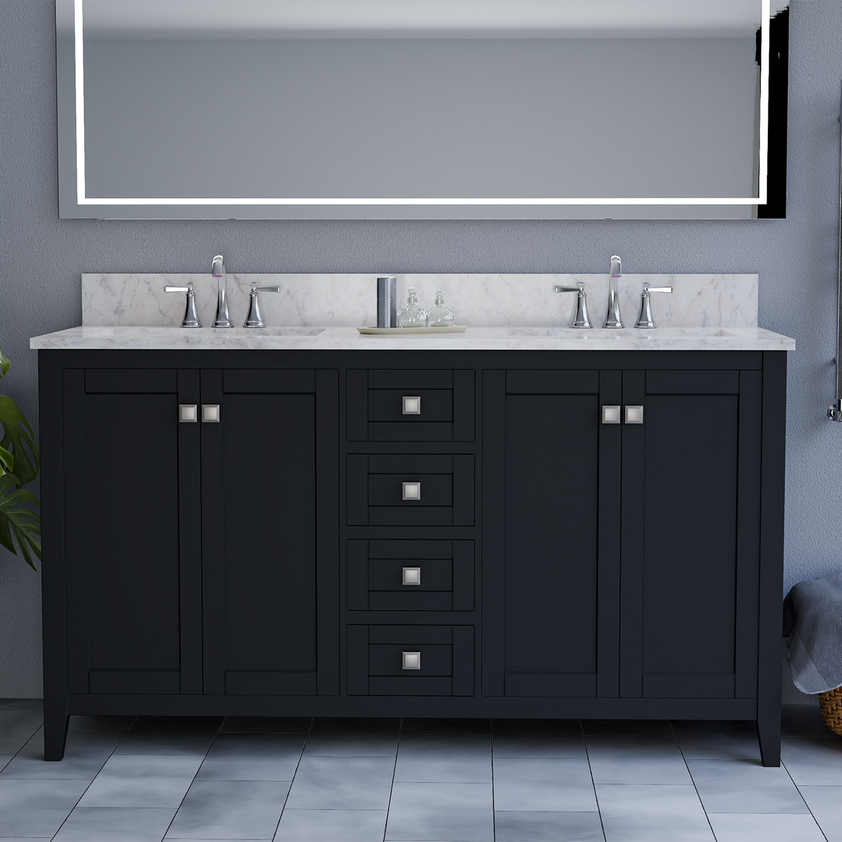 60" Coltrane Espresso Freestanding Solid Wood Bathroom Vanity With Premium Carrara Natural Marble Double Sink Top with 4 In. Backsplash