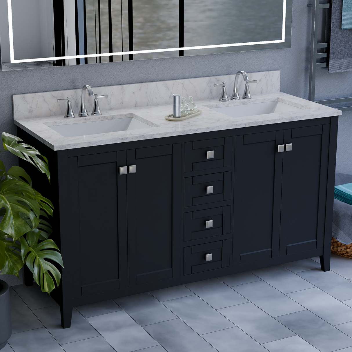 60" Coltrane Espresso Freestanding Solid Wood Bathroom Vanity With Premium Carrara Natural Marble Double Sink Top with 4 In. Backsplash