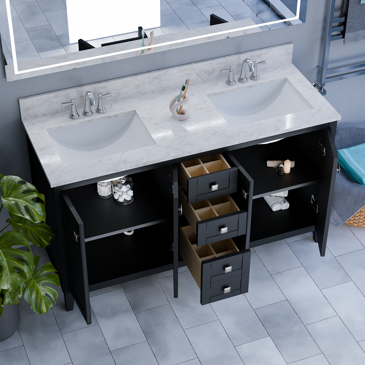 60" Coltrane Espresso Freestanding Solid Wood Bathroom Vanity With Premium Carrara Natural Marble Double Sink Top with 4 In. Backsplash