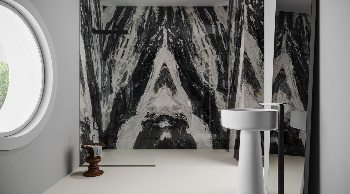 48 x 110 in Majesto Bianco Dior Bookmatch Cut Polished Rectified Colorsync Sintered Slab 6 mm installed