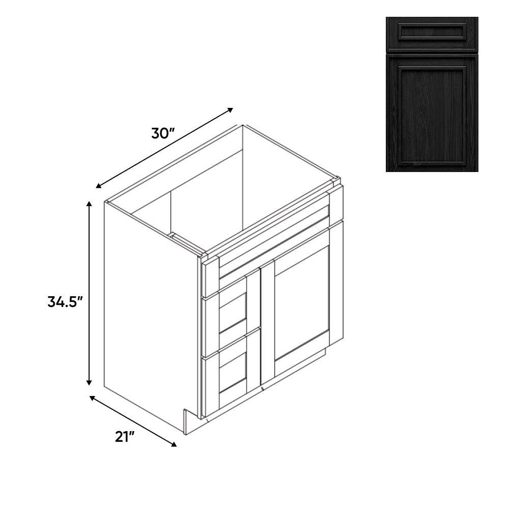 RTA - Elegant Shaker Black - Vanity Cabinets with 1 Door 2 Drawer Left - 30"W x 34.5"H x 21"D