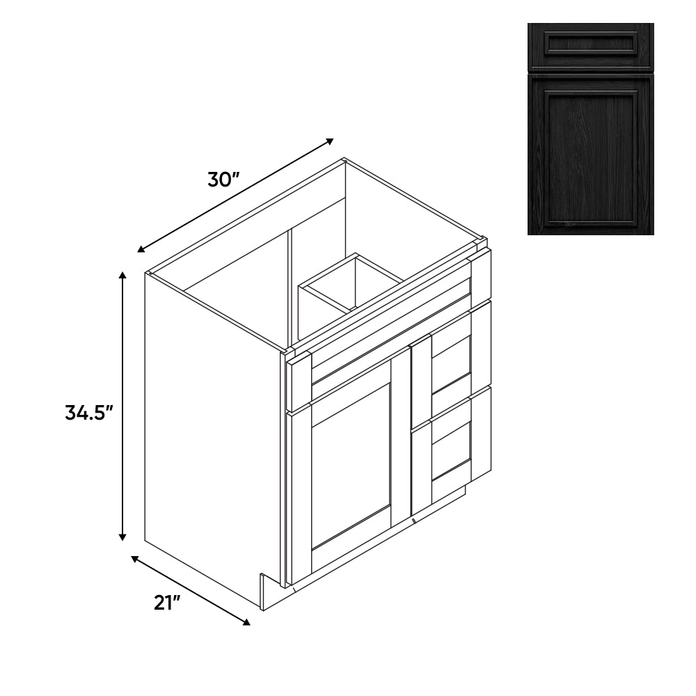 RTA - Elegant Shaker Black - Vanity Cabinets with 1 Door 2 Drawer Right - 30"W x 34.5"H x 21"D