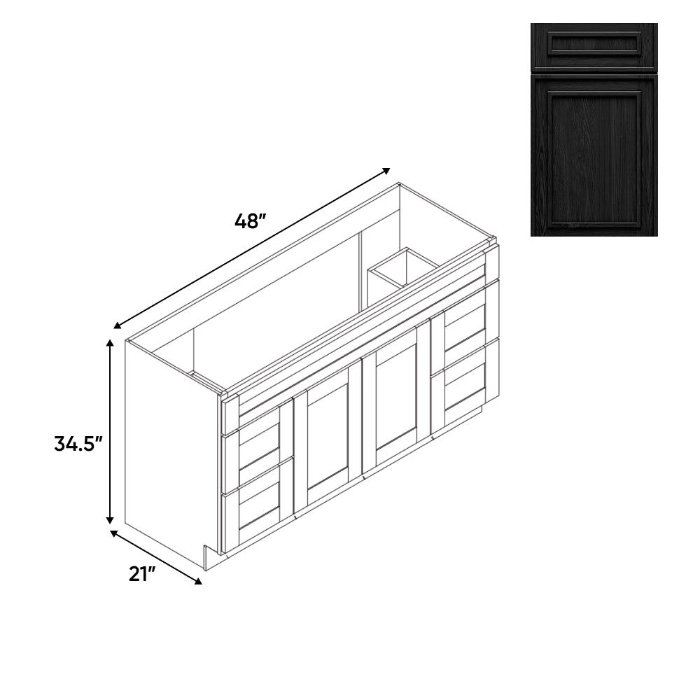 RTA - Elegant Shaker Black - Vanity Cabinets with 2 Door - 4 Drawer (2 Left - 2 Right) - 48"W x 34.5"H x 21"D