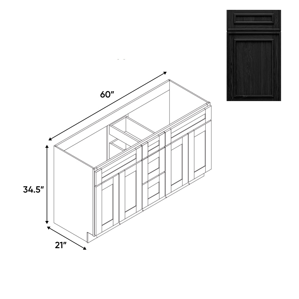 RTA - Elegant Shaker Black - Vanity Cabinets with 3 Drawer Center - 4 Drawer Side - 60"W x 34.5"H x 21"D