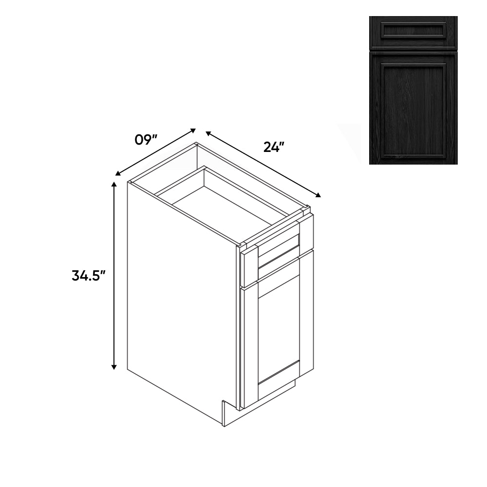 RTA - Elegant Shaker Black - 9"W - Base Cabinet with 1 Door 1 Drawer 1 Shelf - 9"W x 34.5"H x 24"D