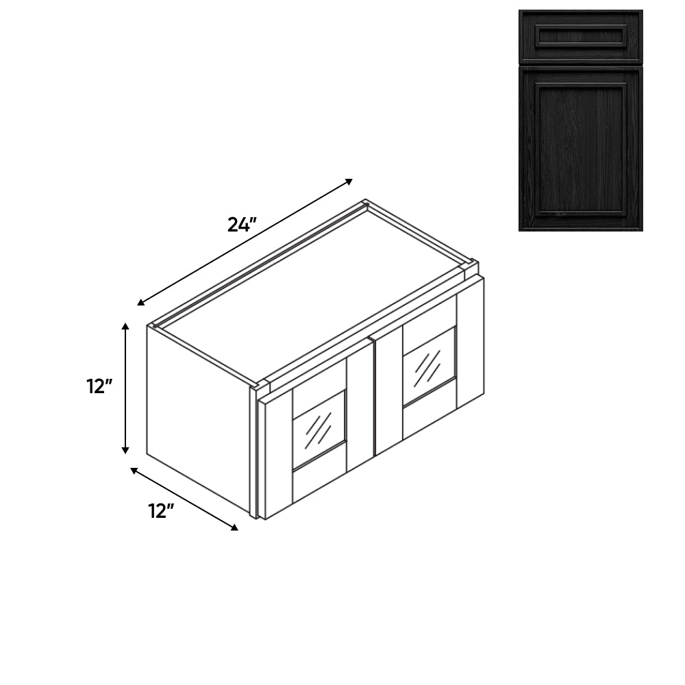 RTA - Elegant Shaker Black - 24"W - Stack Up Wall Cabinet with Two Glass Door - 24"W x 12"H x 12"D