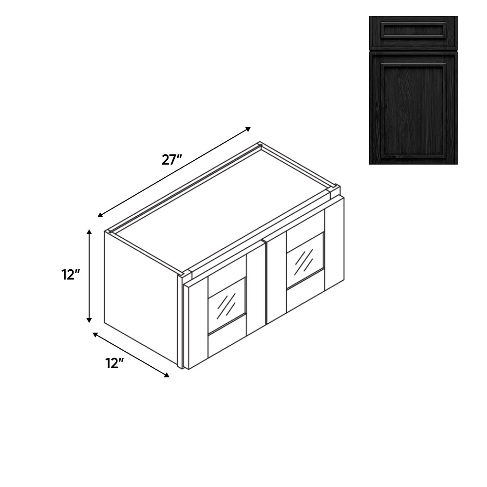 RTA - Elegant Shaker Black - 27"W - Stack Up Wall Cabinet with Two Glass Door - 27"W x 12"H x 12"D