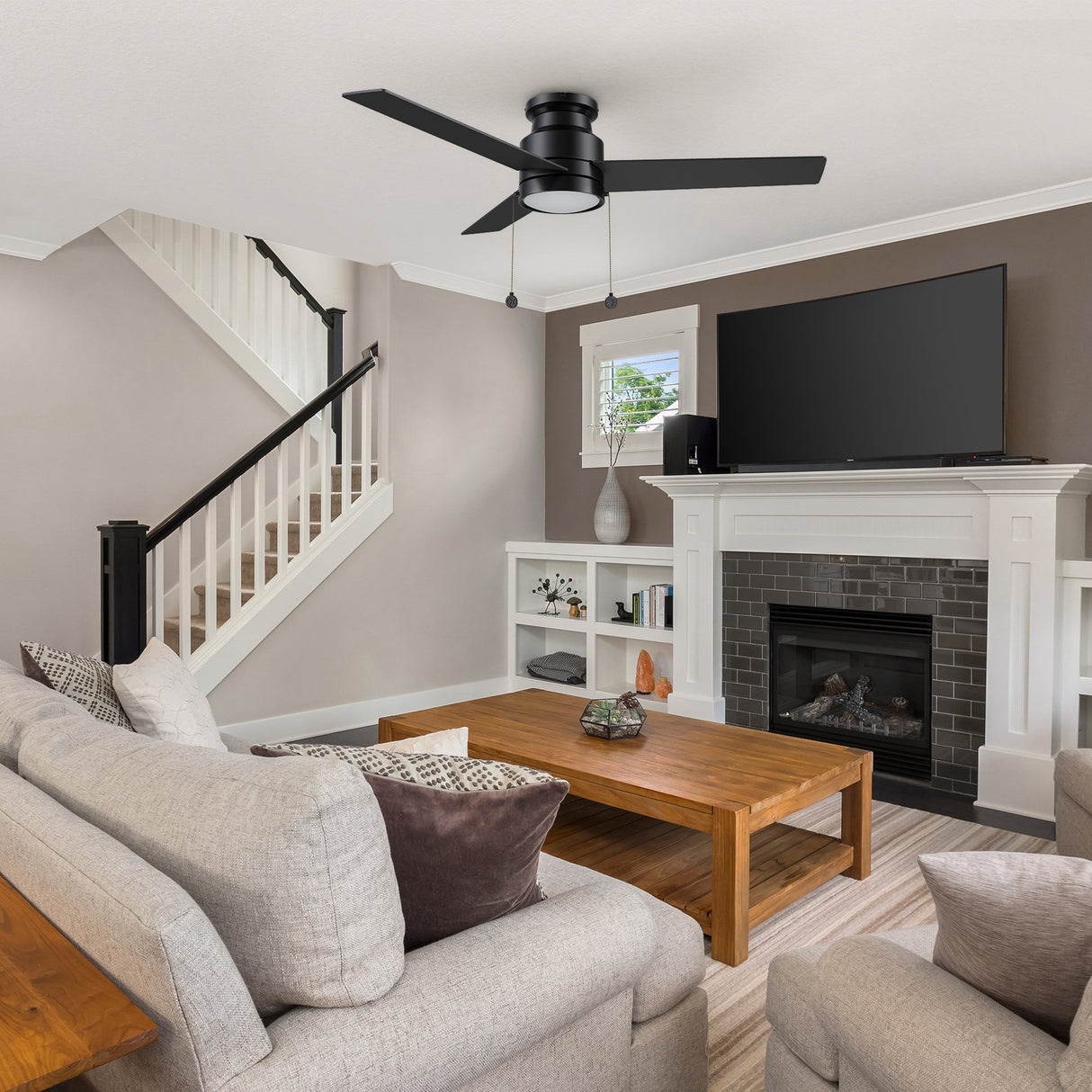 ASCOTT 52 inch 3-Blade Flush Mount Ceiling Fan with LED Light & Pull Chain
