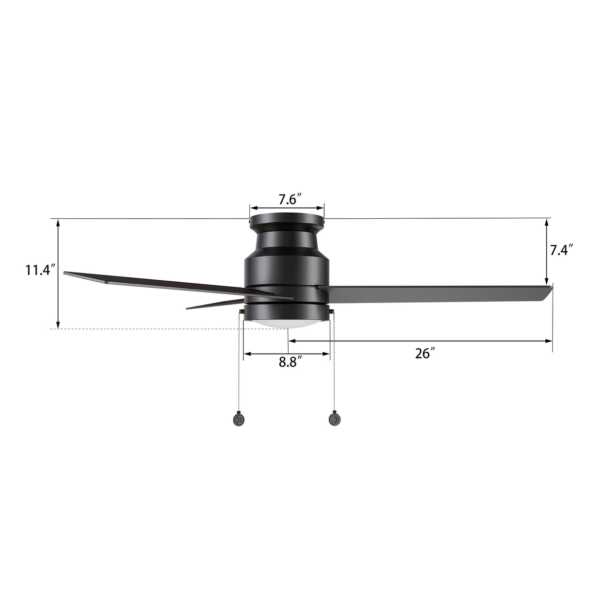 ASCOTT 52 inch 3-Blade Flush Mount Ceiling Fan with LED Light & Pull Chain