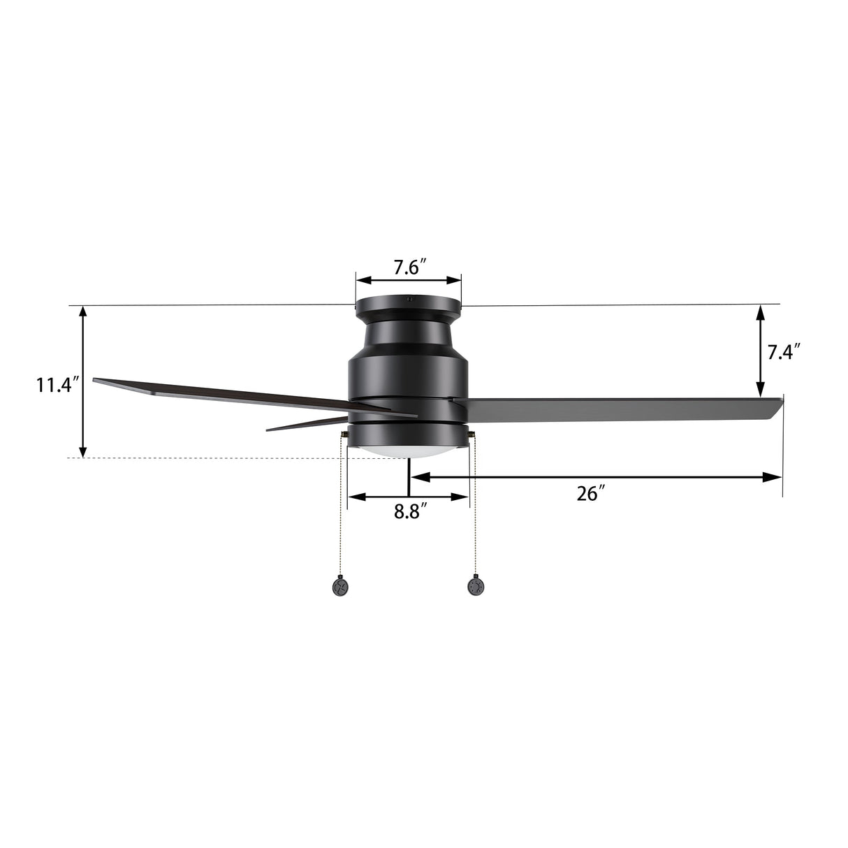 ASCOTT 52 inch 3-Blade Flush Mount Ceiling Fan with LED Light & Pull Chain