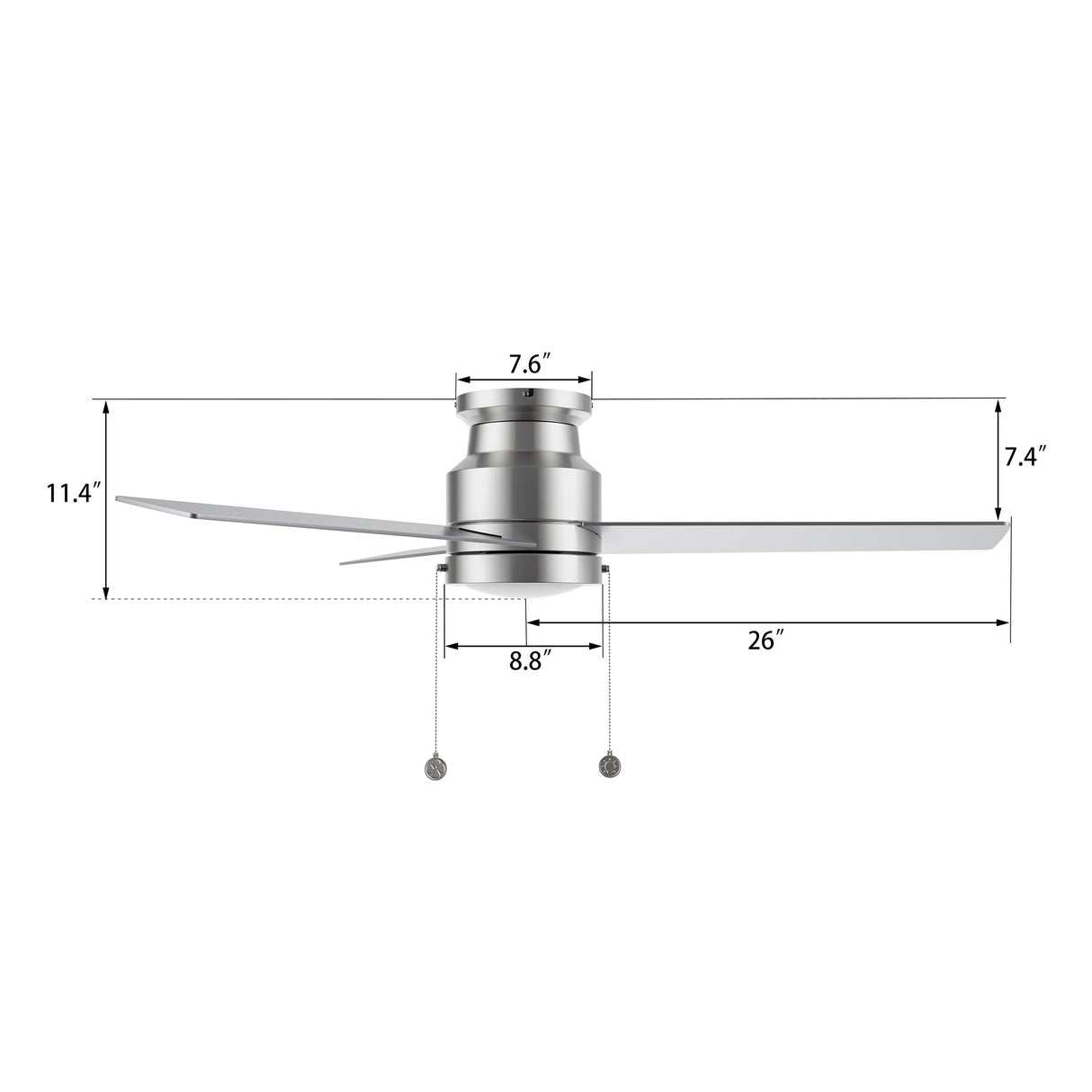 ASCOTT 52 inch 3-Blade Flush Mount Ceiling Fan with LED Light & Pull Chain