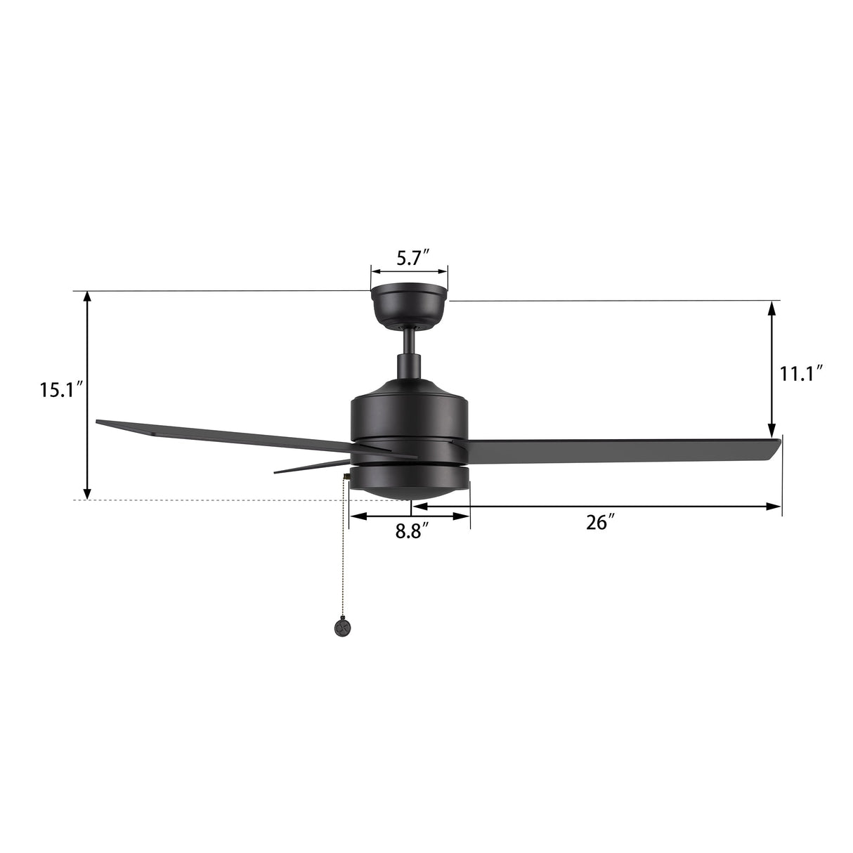 ASCOTT 52 In 3 Blade Smart Ceiling Fan Without  LED  Lights With Pull Chain