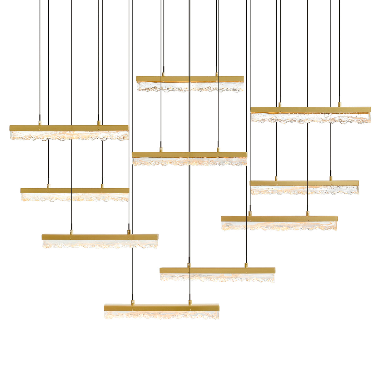 Stagger Integrated LED 48in Brass Chandelier with Handcrafted Glass