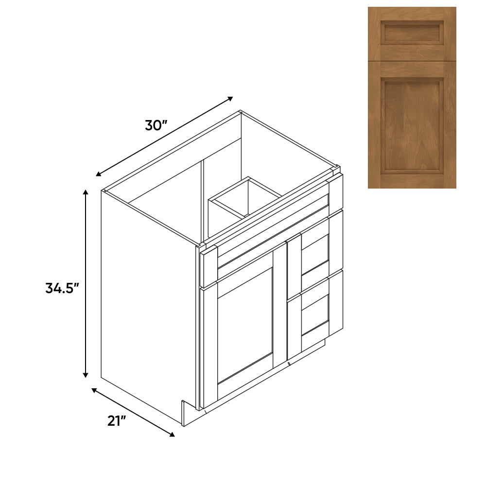 RTA - Havana Cafe - Vanity Cabinets with 1 Door 2 Drawer Right - 30"W x 34.5"H x 21"D - HAC-3021DR