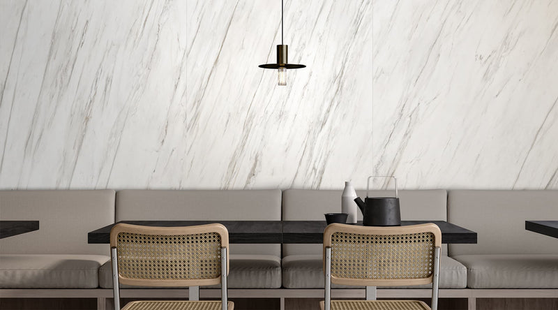48 x 110 in Majesto Calacatta Cremo Honed Rectified Colorsync Sintered Slab 6 mm installed