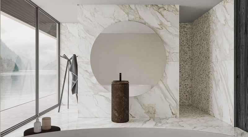 48 x 110 in Majesto Calacatta Oro Polished Rectified Colorsync Sintered Slab 6 mm installed
