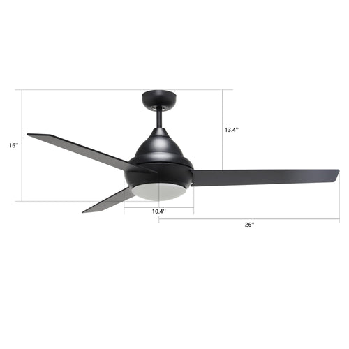 KENDRICK 52" In. Black/Black 3 Blade Smart Ceiling Fan with LED Light Kit Works with LED Light Kit & Remote Control