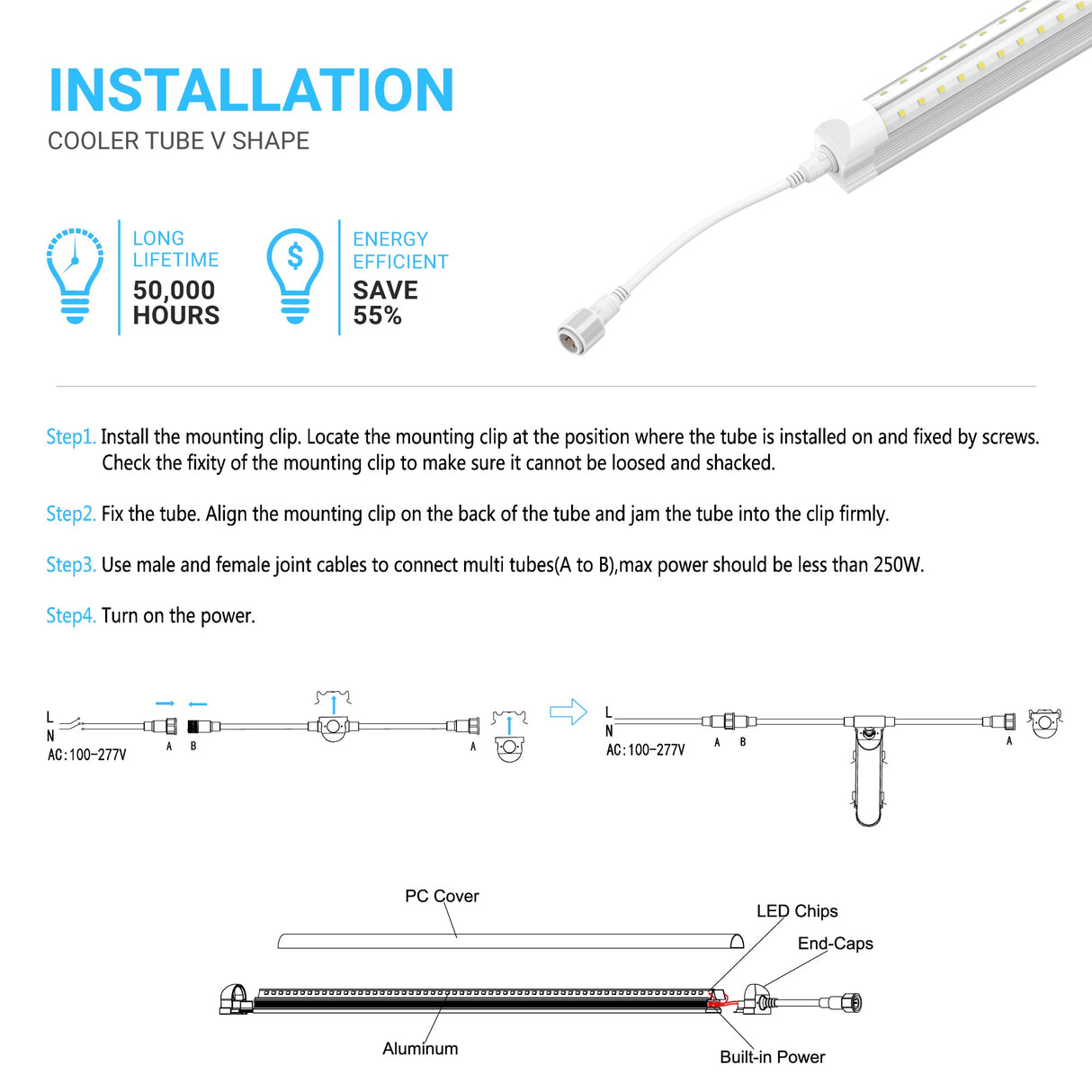 LED Tube Lights 4 Ft 18W - V Shape 2160 Lumens - 5000k Clear - Suitable For Cooler Doors Illumination