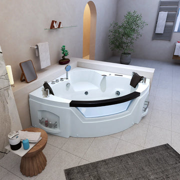 61 in. Acrylic Whirlpool Corner Bathtub 2 Person Hydro-massage Soaking SPA Double Ended Tub, Computer Control & Light