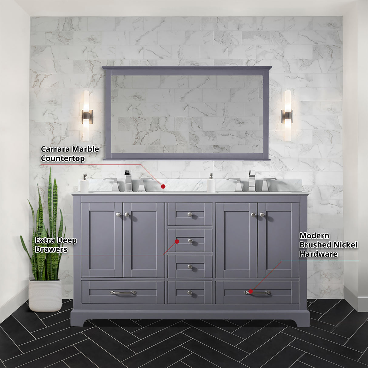 Dukes 60 in. Freestanding Bathroom Vanity with White Carrara Marble Top, White Square Sink
