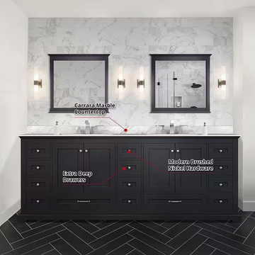 Dukes 84 In. Freestanding Espresso Bathroom Vanity With Double Undermount Ceramic Sink, White Carrara Marble Top