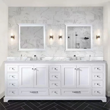 Dukes 84 In. Freestanding White Bathroom Vanity With Double Undermount Ceramic Sink, White Carrara Marble Top