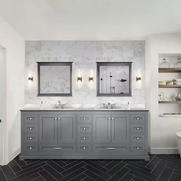Dukes 84 In. Freestanding Dark Grey Bathroom Vanity With Double Undermount Ceramic Sink, White Carrara Marble Top & 34 In. Mirrors