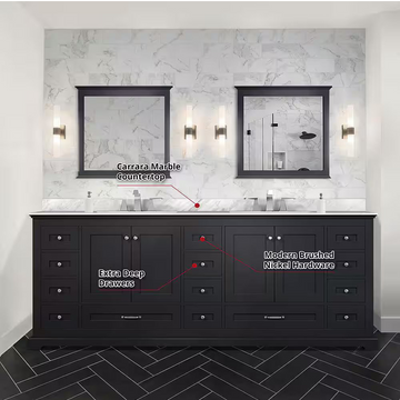 Dukes 84 In. Freestanding Espresso Bathroom Vanity With Double Undermount Ceramic Sink, White Carrara Marble Top & 34 In. Mirrors